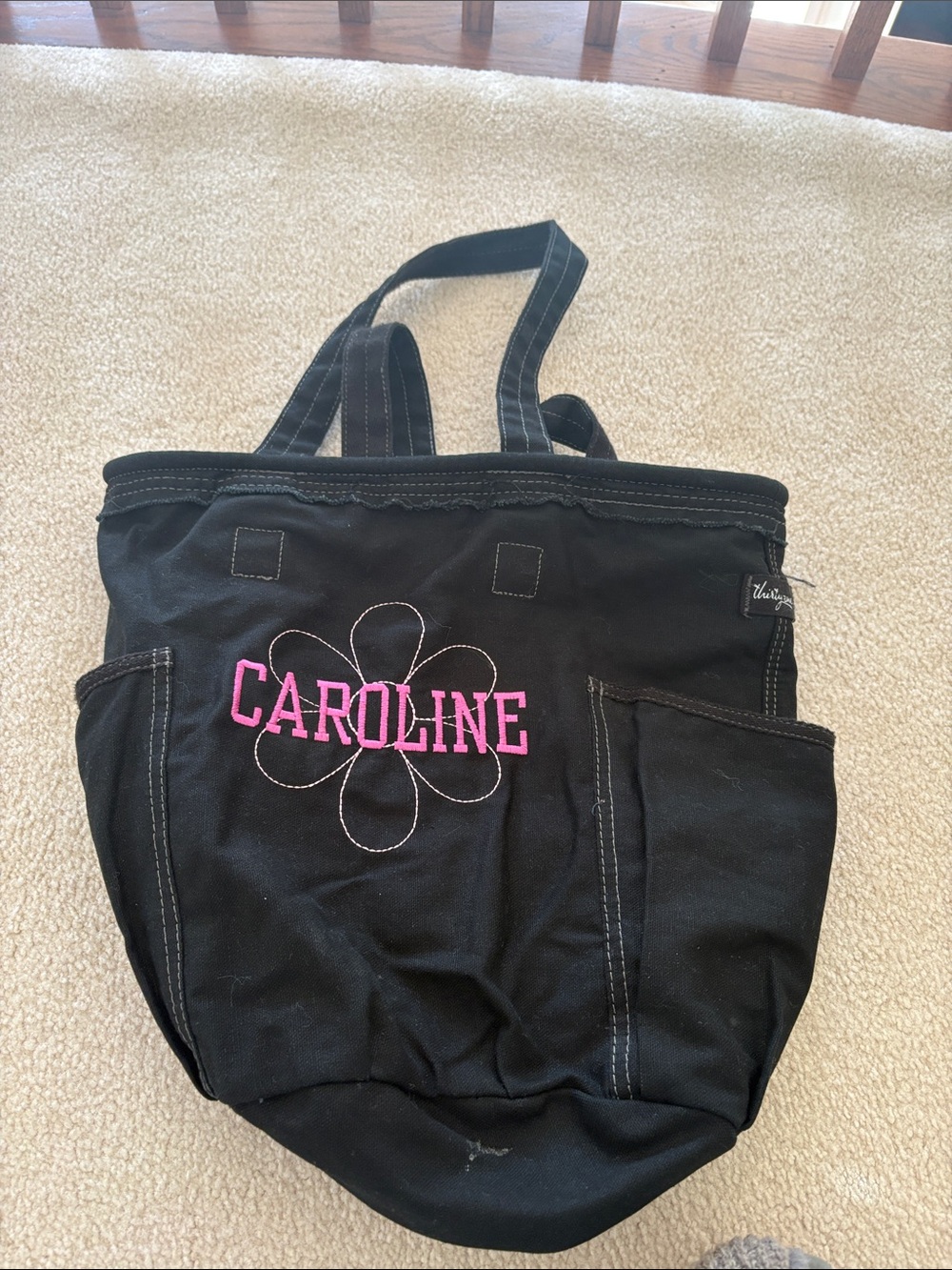 Personalized Black Tote Bag with Pink Embroidery - Caroline